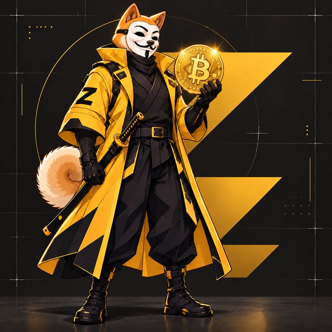 A masked fox warrior in a black and yellow trench coat holds up a glowing Bitcoin ($BTC) coin, visually reinforcing the "Shielded $BTC" theme. The bold "Z" in the background ties to "Zend it," positioning the fox as a guardian or protector of Bitcoin.