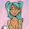 An animated character with teal pigtails and glasses against a pink background.