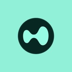 A minimalist logo featuring a dark circle with a stylized 'M' or hourglass shape inside, set against a mint green background.