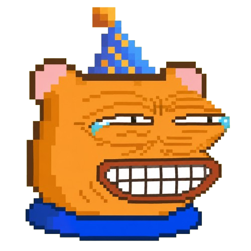 A pixel art "Cursed Cat" meme features an orange cat with a forced grin, crying tears, and wearing a blue party hat. The image relates to the accompanying post, which reads backwards as "CRUSED HAMSTER... ...JOINED FOR FUN AND CHAOS. DO NOT MISS THIS CREATURE START. JOIN DISCORD!"