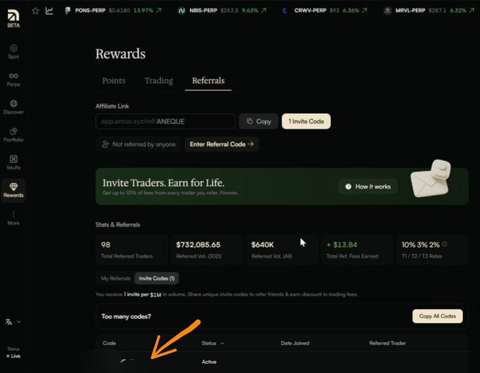 A cryptocurrency exchange 'Rewards' page showing a Referral section with stats like '98 Total Referred Traders' and '$732,085.65 Referred Vol. (30D)', with an orange arrow pointing to a referral code entry field.