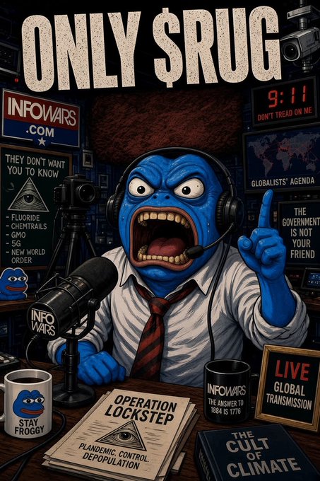 A satirical illustration of a blue-faced 'Froggy' character in a radio studio setting, wearing headphones and shouting into a microphone, surrounded by conspiracy-themed signage including 'INFOWARS.COM', 'OPERATION LOCKSTEP', 'THEY DON'T WANT YOU TO KNOW', and 'ONLY $RUG' at the top.