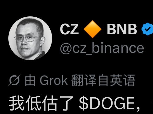 The image shows a Chinese-translated tweet from CZ (@cz_binance), founder of Binance, stating "我低估了 $DOGE" ("I underestimated $DOGE"). This relates to the post's context about CZ's past acknowledgment of underestimating Dogecoin, prompting discussion about which other cryptocurrencies he might underestimate in the future.