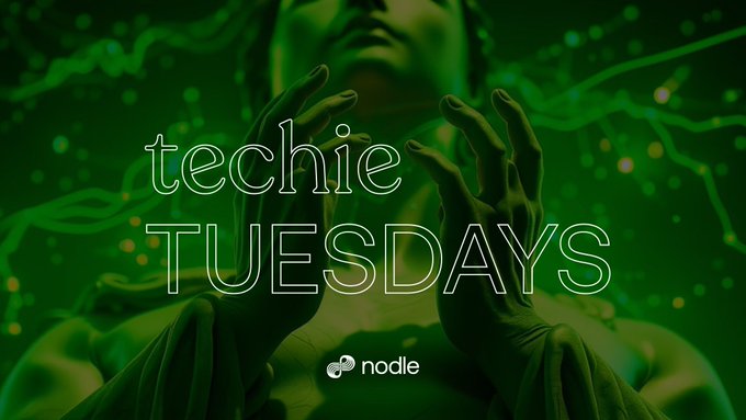 The image is a green-tinted promotional graphic featuring a person with raised hands against an ethereal, glowing background, overlaid with the text "techie TUESDAYS" and the "nodle" logo at the bottom.

This atmospheric "Techie Tuesdays" graphic from **Nodle** sets a mystical tone that contrasts with the post's practical message about cryptographic signatures—evoking the "trust through verification" essence of Web3, where users must look beyond surface appearances to confirm authenticity.
