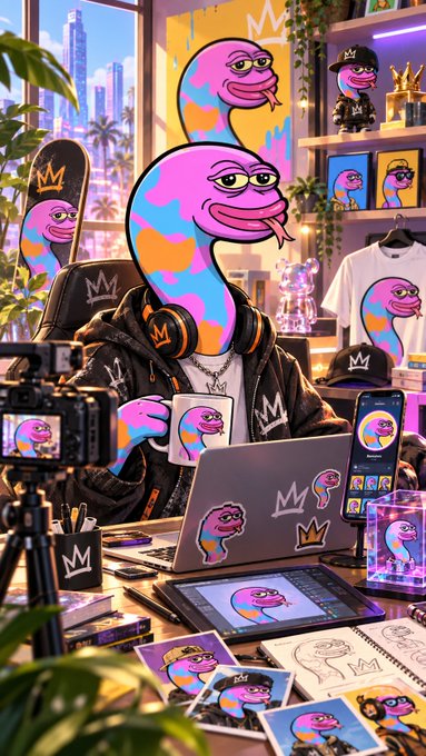 A colorful, stylized illustration of a pink and orange lizard-like character wearing a black hoodie, surrounded by branded merchandise including a camera, laptop, smartphone, and t-shirts.