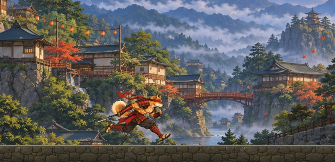 A pixel art scene depicts a samurai warrior running across a stone wall with a traditional Japanese village, mountains, and a pagoda in the misty background.