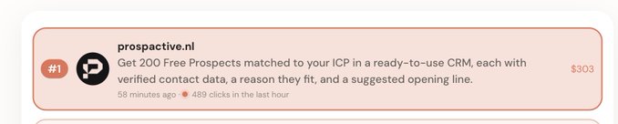 The image shows the top-ranked listing on outbid.lol for "prospective.nl," priced at $303, offering 200 free prospects matched to your ICP with verified contact data. The post's claim is supported by the listing's visible "489 clicks in the last hour" metric, confirming it as the most-clicked entry on the leaderboard.