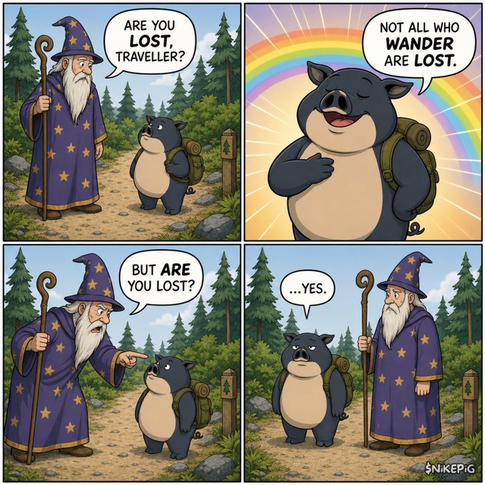 A four-panel comic by Nikepig featuring a wizard and a pig in a backpack, with dialogue: "Are you lost, traveller?" / "Not all who wander are lost." / "But are you lost?" / "...Yes."