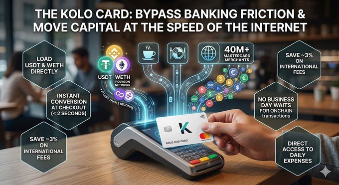 The image shows a person using a credit card reader at a cafe, which allows them to bypass local banking friction when paying for their daily expenses. The credit card reader displays various icons representing different payment methods such as Bitcoin, USDT, and fiat currency. This user-friendly interface enables the individual to easily choose from multiple payment options without having to deal with traditional banking procedures or fees.