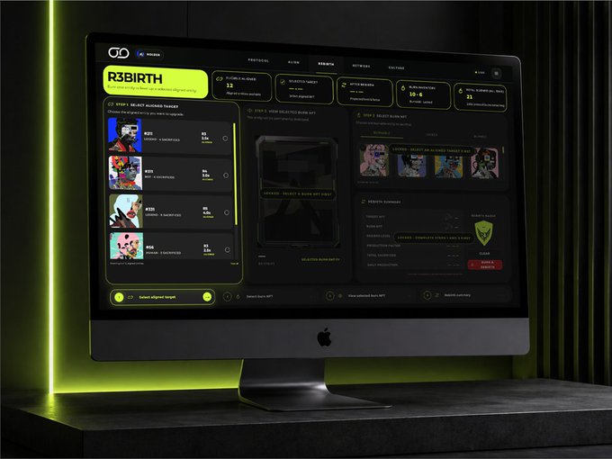 A computer monitor displays the dark-themed 'R3BIRTH' NFT marketplace interface showing a 'SELECT ALLOWED TARGET' list with NFTs #75, #39, and #56, and a NFT preview section.