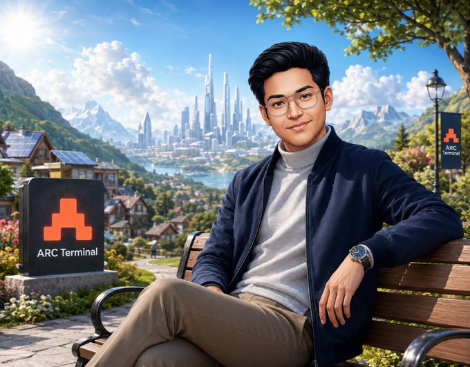 A stylized digital illustration of a young man wearing glasses and a navy jacket sitting on a bench, with 'ARC Terminal' branding visible on stone markers and a distant futuristic city skyline in the background.