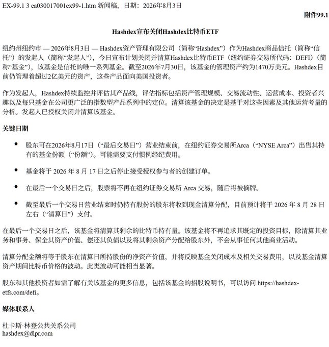 The image displays a Chinese-language press release (dated August 3, 2026) from Hashdex announcing the closure of its Hashdex Bitcoin Futures ETF (ticker: $DEFI), which is set to cease trading on August 17, 2026, and liquidate approximately $14.7 million in assets. The accompanying post contextualizes this news as a sign of the ongoing bear market, starkly contrasting Hashdex's modest $14.7M ETF with BlackRock's IBIT which holds $47.08 billion, noting Hashdex's paltry $6,453 quarterly management fee.