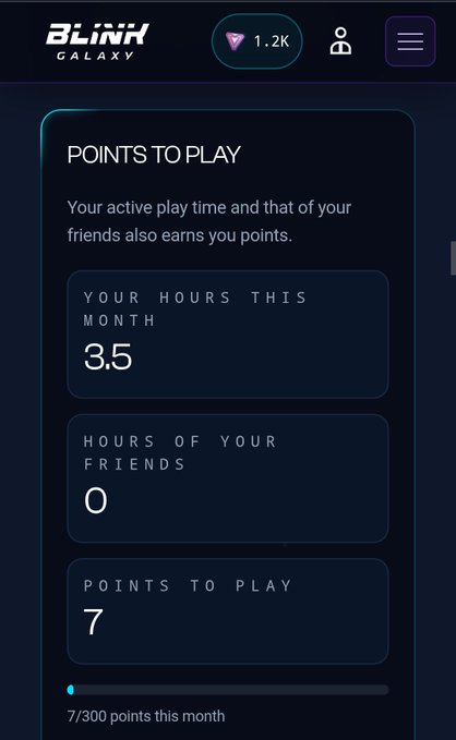 A screenshot from the BLINK Galaxy app showing 'Points to Play' stats: Your Hours This Month (3:5), Hours of Your Friends (0), and Points to Play (7) out of 300 points this month.