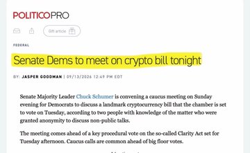 A PoliticoPRO article headline reads "Senate Dems to meet on crypto bill tonight," authored by Jasper Goodman and dated 07/15/2026, reporting on a caucus meeting called by Senate Majority Leader Chuck Schumer to discuss landmark cryptocurrency legislation ahead of a procedural vote on the Clarity Act—context that could explain potential volatility in altcoin prices mentioned in the accompanying post.