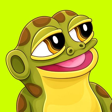 A cartoon illustration of a green and brown frog with a wide smile, large expressive eyes, and brown spots, set against a bright green background.