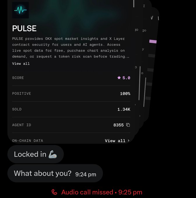 A screenshot of a digital assistant or app called 'PULSE' providing OKX spot market insights, showing a score of 5.0, 100% positive, and 1.34K sold, along with chat messages and a missed audio call.