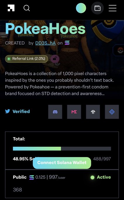 A mobile screenshot of the 'PokeaHoes' NFT collection page showing 1,000 pixel characters, created by DD3S...hA, with a 48.95% sold progress bar, 488/997 sold, and a 'Connect Solana Wallet' button.