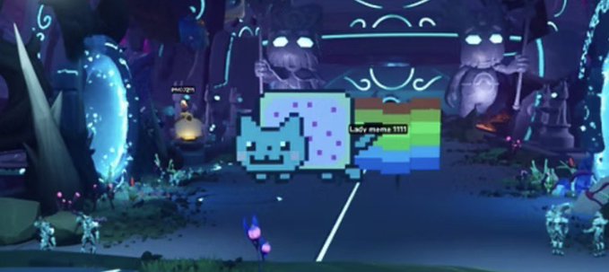 A pixel art character labeled "Lady meme 1111" with a blue and white checkered body pattern in a colorful, mystical video game environment.