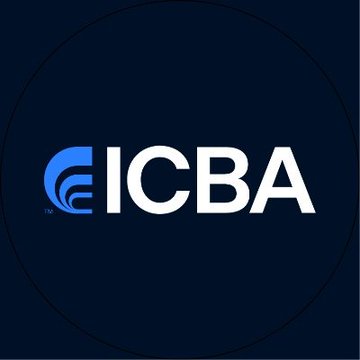 The image displays the ICBA (Independent Community Bankers of America) logo in white and blue against a dark navy background, representing the banking trade group that filed a lawsuit against the OCC over its issuance of crypto trust bank charters.