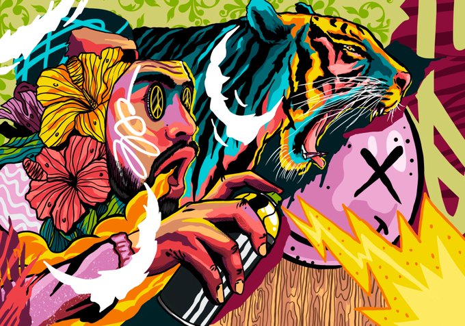 Vibrant graffiti-style street art mural depicting a bearded man with dollar signs in his eyes surrounded by tropical flowers, alongside a roaring tiger and a pink skull character with X eyes.