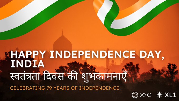 A graphic celebrating India's Independence Day with the Indian flag colors and a silhouette of a monument, reading 'HAPPY INDEPENDENCE DAY, INDIA' and 'CELEBRATING 79 YEARS OF INDEPENDENCE.'