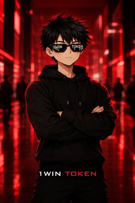 An anime-style character with black messy hair wearing sunglasses displaying "1WIN TOKEN," arms crossed in a black hoodie, standing in a red-lit urban scene with "1WIN TOKEN" text at the bottom.