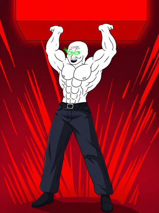 The image features a muscular man with green eyes, wearing black pants and standing against a red background. The man appears to be lifting a large block or object, possibly a book, which he holds up high above his head. The scene suggests that the man is in a room filled with books, as there are numerous books scattered around him. This setting gives off an impression of a character from a comic strip or cartoon series, where the quiet times always wake up the real believooors and lead them to discover the hidden truths within the story.