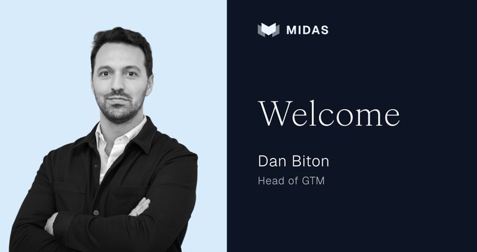 A black-and-white portrait of Dan Biton with crossed arms appears on the left, paired with a dark blue panel on the right featuring the MIDAS logo and text reading "Welcome — Dan Biton, Head of GTM." The image serves as a professional introduction graphic accompanying the announcement of his new role leading go-to-market strategy at Midas.