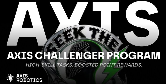 A black promotional graphic features large silver 'AXTS' text, with the tagline 'AXIS CHALLENGER PROGRAM' and 'HIGH-SKILL TASKS. BOOSTED POINT REWARDS.' above the 'AXIS ROBOTICS' logo.
