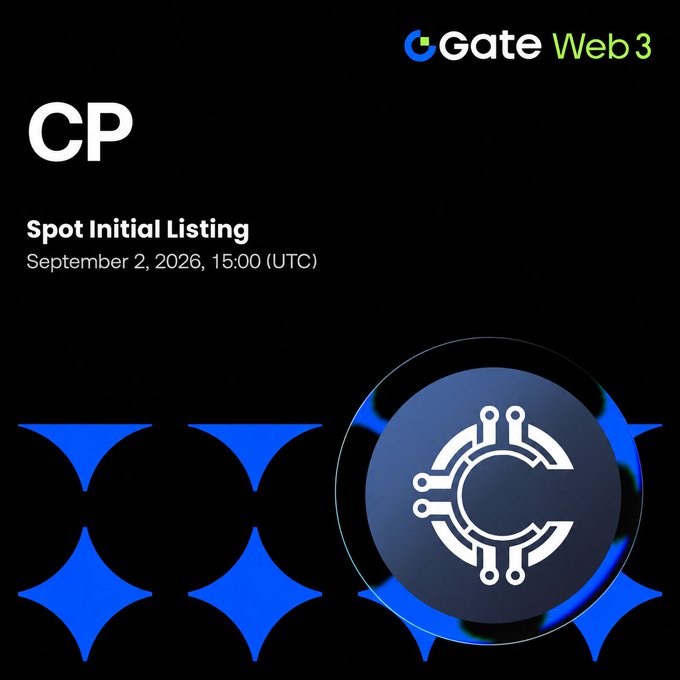 Promotional image for Gate Web3 announcing the spot initial listing of $CP (Open Protocol) on September 2, 2026 at 15:00 UTC, featuring the Gate Web3 logo, "CP Spot Initial Listing" text with the date, and a stylized blue circuit-board themed CP token logo on a black background.