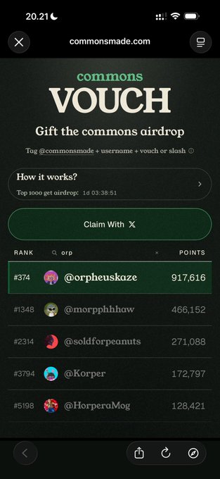 Mobile screenshot of commonsmade.com showing a 'commons VOUCH' airdrop leaderboard with 'Claim With X' button and top rank @orpheuskaze with 917,616 points.