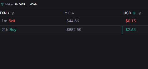 A cryptocurrency trading interface showing market maker data with 1m Sell at $44.8K / $0.13 and 21h Buy at $882.5K / $2.63 in USD.