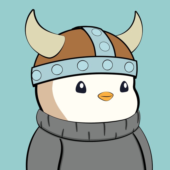 A cartoon illustration of a small white penguin-like character wearing a brown Viking helmet with horns and a gray turtleneck sweater.