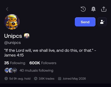 The image shows a Twitter/X profile for "Unipcs (@unipcs)" with 35 Following and 600K Followers, featuring a Bible quote from James 4:15 as the bio. The accompanying post is from a follower reaching out to @theunipcs, explaining they recently signed up on FOMO through their referral, which aligns with the "40 mutuals following" shown on the profile.
