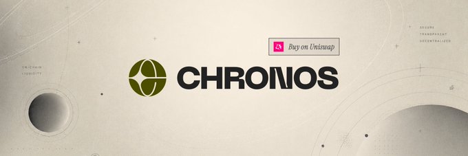 The image features a banner with the word "Chronos" written in black text against a light beige background. The banner also includes a logo for a cryptocurrency called "Chronos". Below the logo, there are two circles on the right side of the image, and below them, there is a description that reads: "Aave.eth fees flow in. idle LP capital routes into Aave. holding time builds reward weight. no staking. no lockup. just hold, let time work, claim on-chain." This text provides information about the cryptocurrency Chronos and its features.