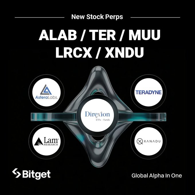 The image is a black and white poster for new stock perps that includes four different types of companies, each with its own unique logo. The first type of company is called "ALAB", which has a blue and yellow symbol. The second company is named "TERADYNE" as indicated by the white text in the lower left corner. Next to it, there's another symbol representing "TERADYNE". The fourth company is labeled with a logo for "XANGAU".

The poster also provides information about these stock perps and their various trade options. One of them specifically targets international investors, offering up to 20% leverage and ultra-low fees. In the bottom right corner, there's text that states how to access this particular stock perp's offerings by clicking on its logo.