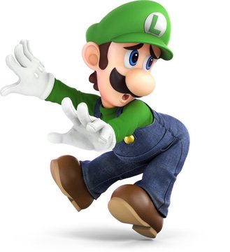Luigi, the green-capped Nintendo character, appears in an action pose with white gloves outstretched, wearing his signature green shirt and blue denim overalls.