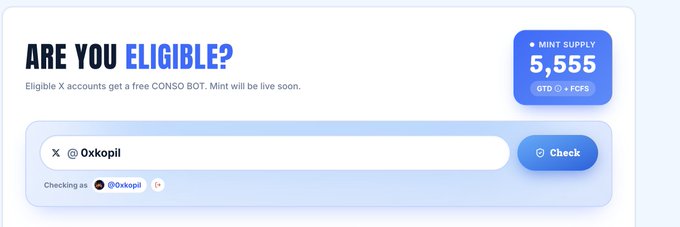 An eligibility checker for CONSO's upcoming NFT collection titled "ARE YOU ELIGIBLE?", showing the X username "@Oxkopil" being checked, with a mint supply of 5,555 on Sui network (GTD + FCFS).