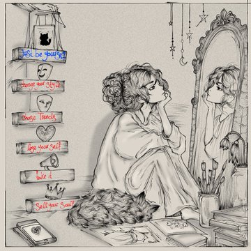 A hand-drawn black-and-white illustration shows a woman seated before an ornate mirror, with a cat curled at her feet and a vertical “Ask to your …” prompt list along the left. The post frames the artwork as “Everything But The Soul???” and notes that it was hand-drawn on a phone in 12 layers over 15 hours, tagged “$XTZ.”