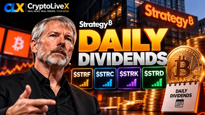 A promotional graphic for CryptoLiveX displays a man alongside text reading 'Strategy DAILY DIVIDENDS' with tickers $STRF, $STRC, $STRK, and $STRD next to Bitcoin imagery.