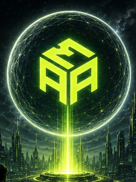 A futuristic neon green glowing logo or symbol inside a transparent sphere hovering above a sci-fi cityscape.