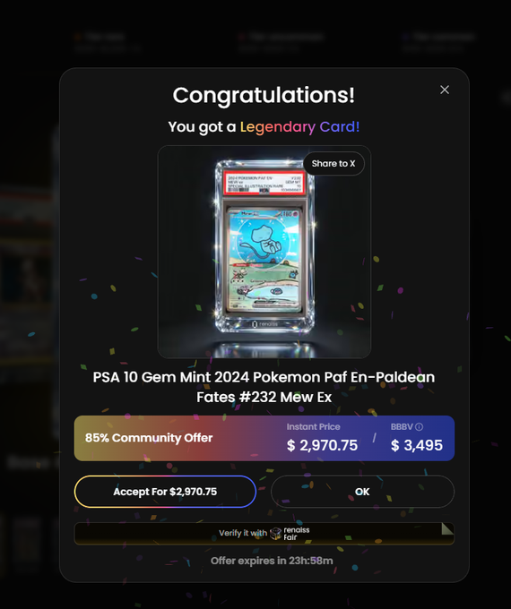 A celebratory pop-up notification displays a "Congratulations! You got a Legendary Card!" message for a PSA 10 Gem Mint 2024 Pokemon Paldean Fates #232 Mew Ex, offering an instant price of $2,970.75 (85% community offer) against a BBV of $3,495, with an expiration timer of 23 hours and 58 minutes—capturing the excitement of opening a rare, high-value Pokémon trading card.