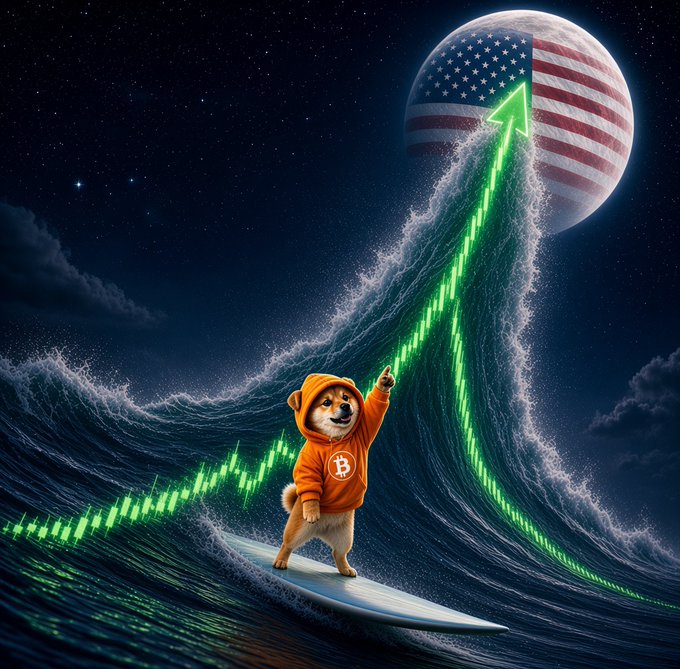 A digital art piece showing a Shiba Inu dog in an orange Bitcoin hoodie surfing on a green upward-trending candlestick chart wave toward a moon displaying the American flag.