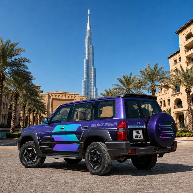 A purple and teal Solana Safari SUV is parked with the Burj Khalifa towering in the background. The vehicle is wrapped in Solana branding and reads "SOLANA SAFARI" along the side and "BIG WEEK" on the license plate, matching the post's humorous pitch for a Solana-branded safari vehicle alongside iconic cars for each Superteam region.