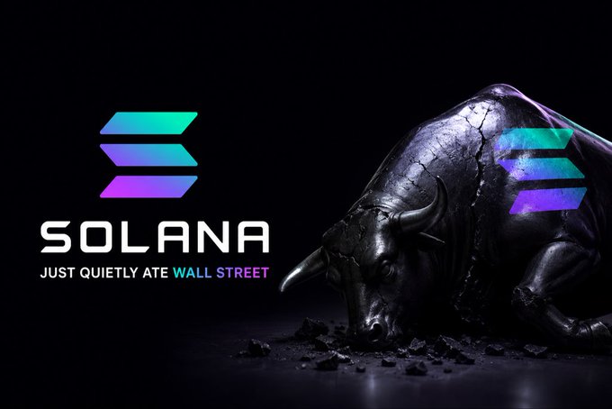 A graphic featuring the purple, blue, and teal Solana logo on the left, a dark cracked bull statue on the right, and the text 'SOLANA JUST QUIETLY ATE WALL STREET' on a black background.