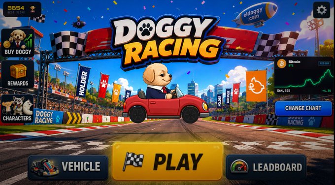 Screenshot of the "DOGGY RACING" game main menu showing a dog in a red car, with buttons for BUY DOGGY, REWARDS, CHARACTERS, VEHICLE, PLAY, and LEADERBOARD, plus a Bitcoin price chart showing $44,525.