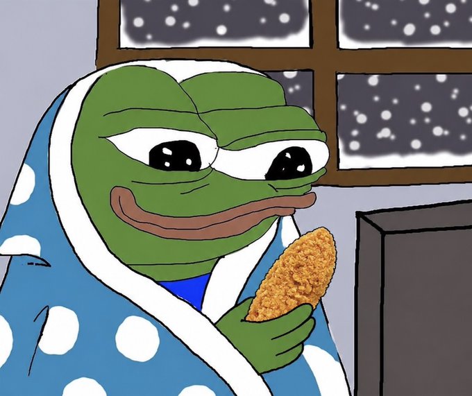 A cartoon illustration of the Pepe the Frog meme wearing a blue and white polka-dot bathrobe, eating a fried chicken drumstick while sitting in front of a snowy window.