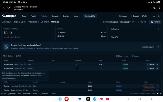 A screenshot of the Bullpen wallet management page showing a total cash balance of $2.19 across 2 wallets, with a Solana wallet holding $7.61 in primary status and an EVM wallet at $0.00, reflecting the user's recent signup and $ANSEM purchase on the platform.