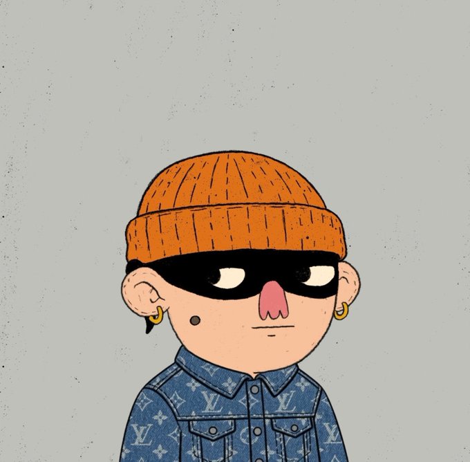 A cartoon illustration of a character wearing an orange beanie, a black eye mask, gold hoop earrings, and a denim jacket with a Louis Vuitton monogram pattern.