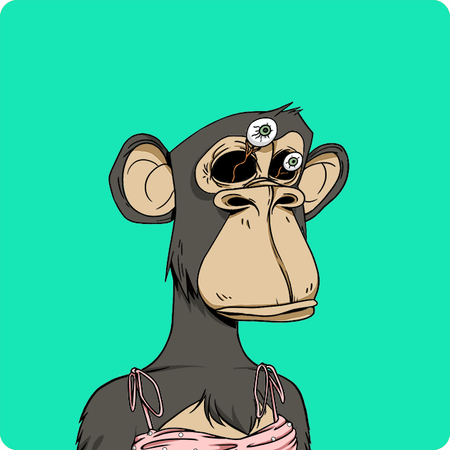 A cartoon illustration of a chimpanzee wearing a pink top, featuring a third eye on its forehead and a second eye on its cheek, set against a solid teal background.